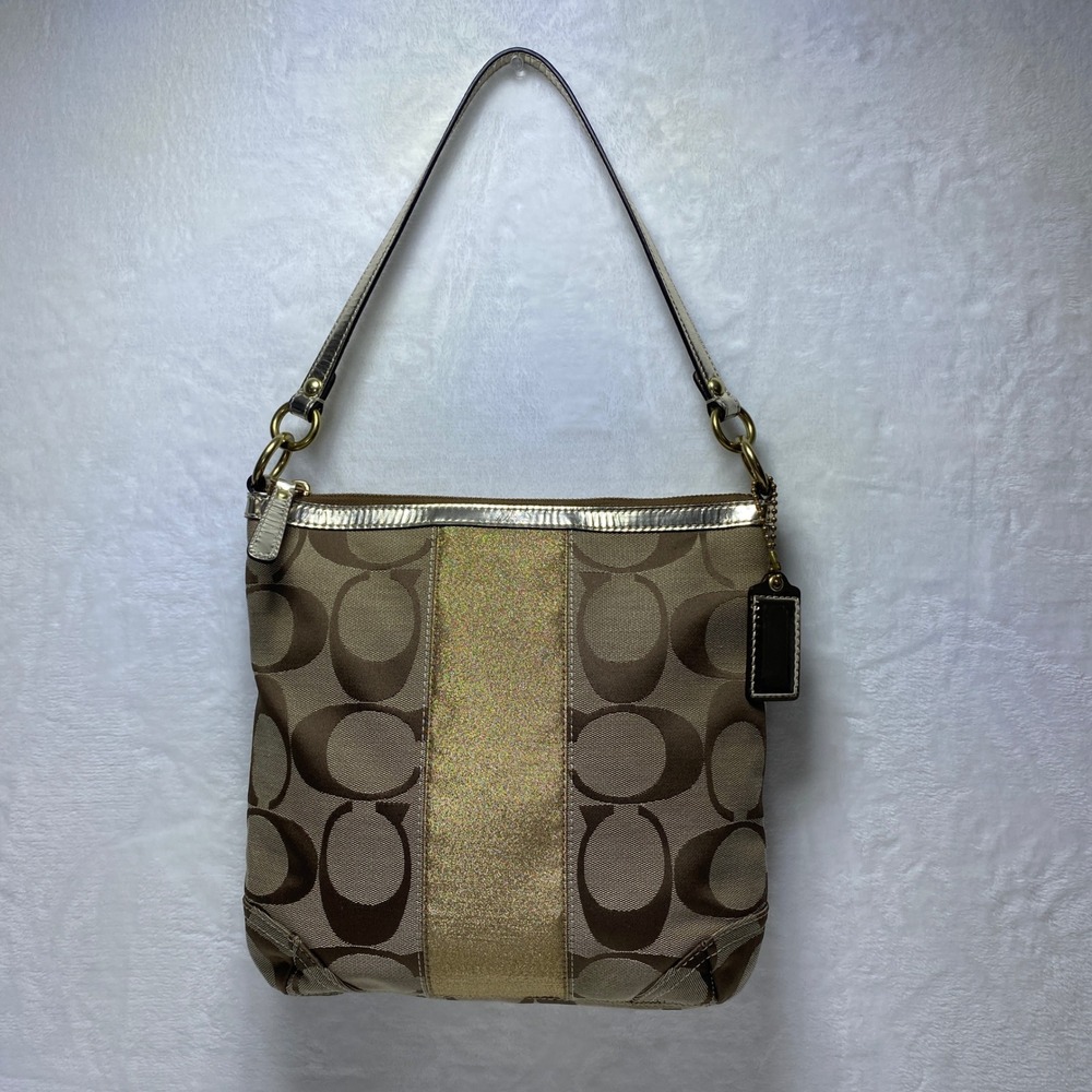 Coach Signature Brown Canvas Hobo Bag Gold Metallic Stripe‎ Shoulder Bag Purse